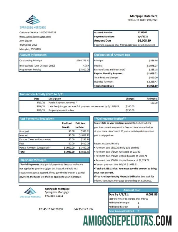 Exemplo de PDF em Excel de hipoteca Springside dos EUA
